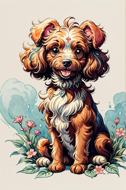 Adorável cão de poça em ilustração em aquarela