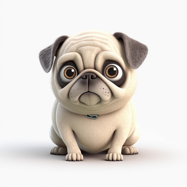 Adorável cão Pug estilo Pixar com grandes olhos felizes