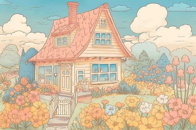 Adorável casa de pintura em aquarela no campo com flores e árvores Desenho a lápis com estilo infantil