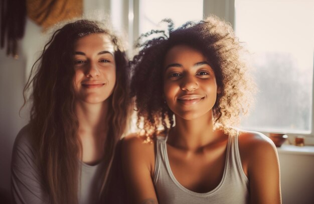 Adorável casal de lésbicas se divertindo praticando meditação mindfulness e bem-estar em casa