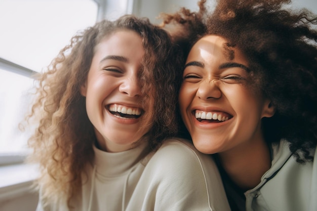 Adorável casal de lésbicas se divertindo praticando meditação mindfulness e bem-estar em casa