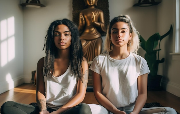 Adorável casal de lésbicas se divertindo praticando meditação mindfulness e bem-estar em casa