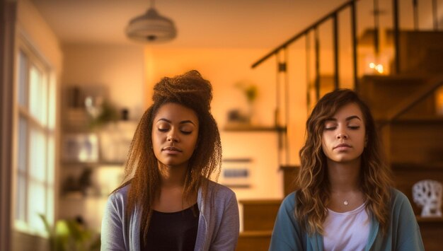 Adorável casal de lésbicas se divertindo praticando meditação mindfulness e bem-estar em casa