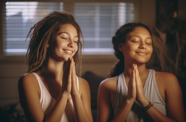 Adorável casal de lésbicas se divertindo praticando meditação mindfulness e bem-estar em casa