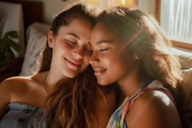 Foto adorável casal de lésbicas se divertindo praticando meditação mindfulness e bem-estar em casa