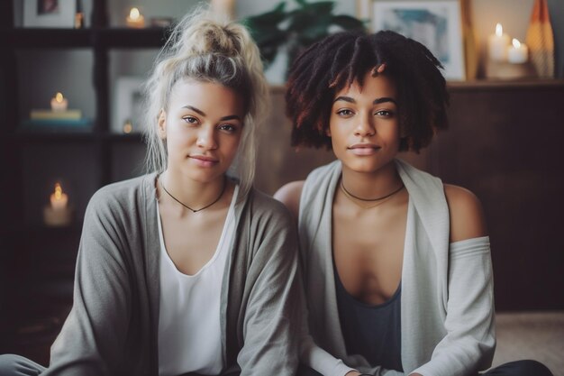 Adorável casal de lésbicas se divertindo praticando meditação mindfulness e bem-estar em casa