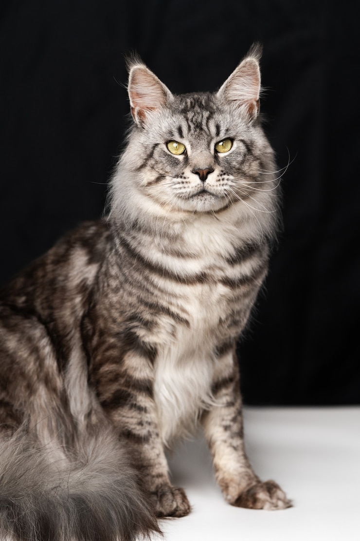 adorável cavala fofinho gato maine coon sentado em um fundo preto e branco olhando para a câmera