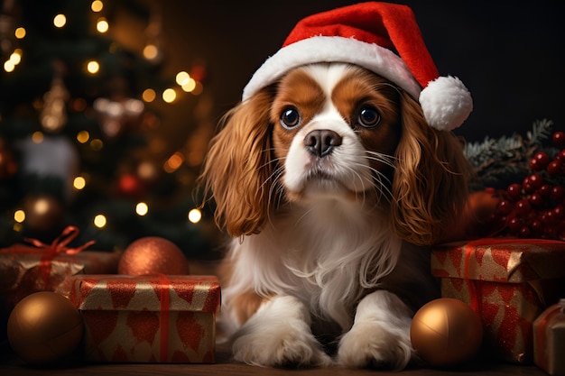 Adorável Cavalier King Charles Spaniel cachorro vestindo um chapéu de Papai Noel entre os presentes de Ano Novo Natal m