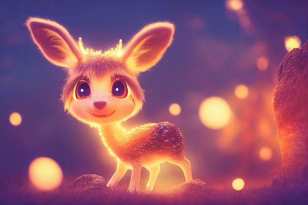 Adorável cervo bebê com um brilho brilhante contra o fundo de luz bokeh conceito de fundo de Natal