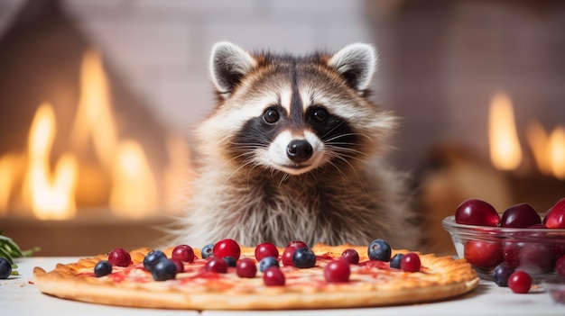 Foto adorável chef raccoon preparando uma deliciosa pizza na cozinha com espaço de cópia para texto