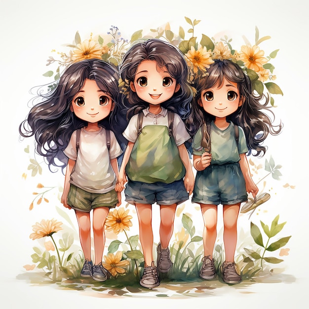 Adorável clipart de aquarela estilo kawaii de verão para meninas