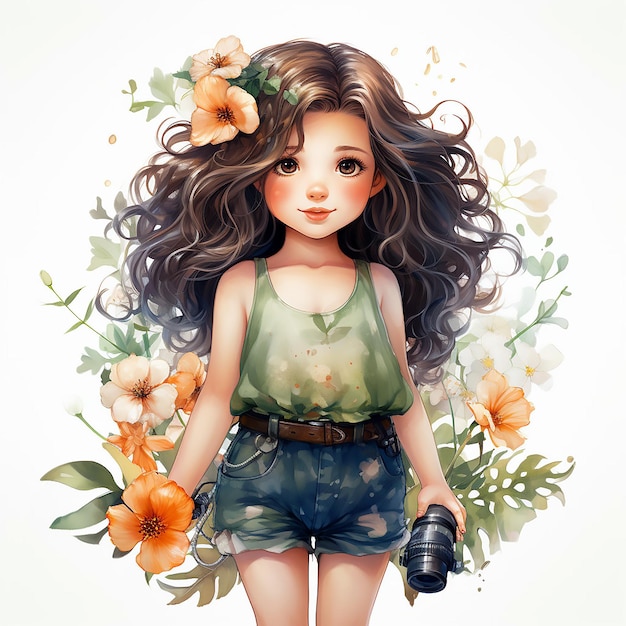 Adorável clipart de aquarela estilo kawaii de verão para meninas