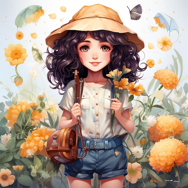 Adorável clipart de aquarela estilo kawaii de verão para meninas