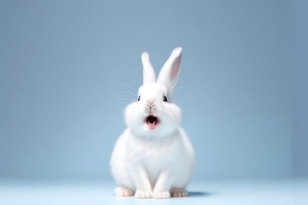 Adorável coelhinho branco ou coelho de estimação com expressão feliz isolada com espaço de cópia para plano de fundo com tema de Páscoa Generative AI