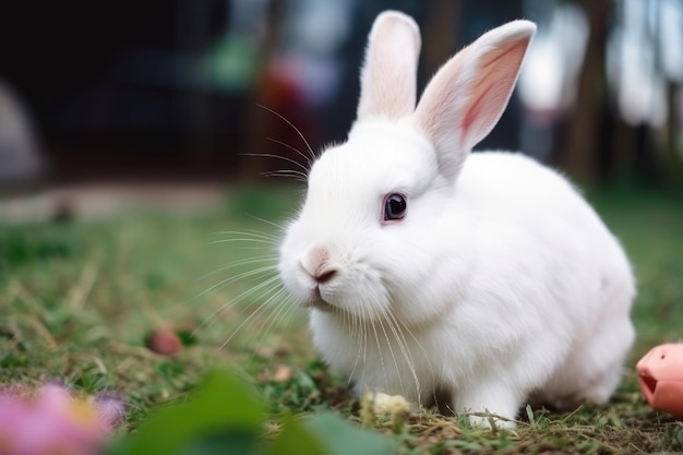 Adorável coelho branco em uma grama verde conceito de Páscoa Generative AI