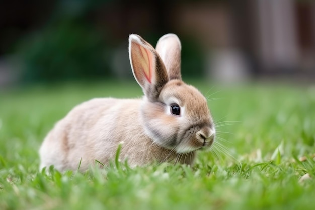 Adorável coelho branco em uma grama verde conceito de Páscoa Generative AI