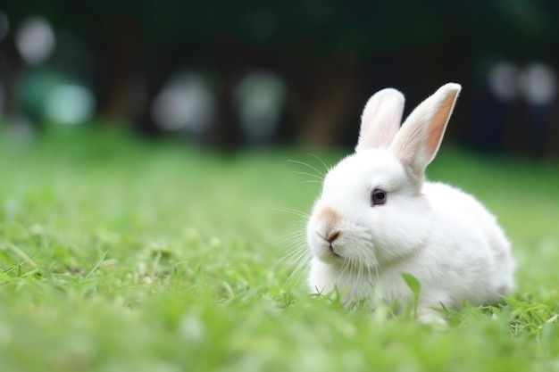 Adorável coelho branco em uma grama verde conceito de Páscoa Generative AI