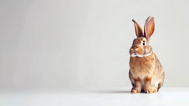 Adorável coelho castanho com orelhas grandes de pé em um fundo cinza suave Perfeito para temas de Páscoa e primavera estilo minimalista limpo AI