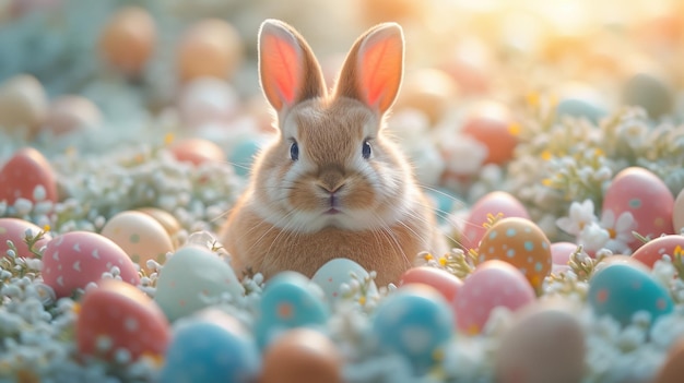 Adorável coelho da Páscoa cercado de ovos de Páscoa decorados em um ninho aconchegante em meio a flores de primavera