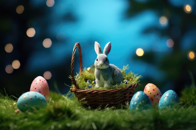 Adorável Coelho da Páscoa com ovo decorativo em uma cesta em meio a verduras de primavera IA generativa