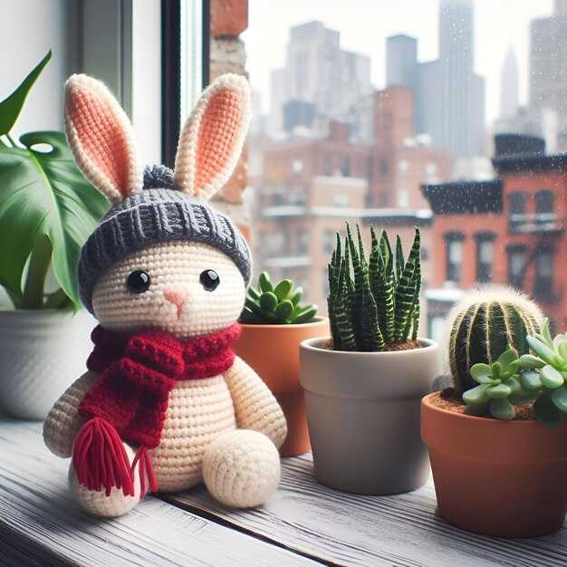 Adorável coelho de crochet em chapéu e lenço no peitoral da janela com plantas