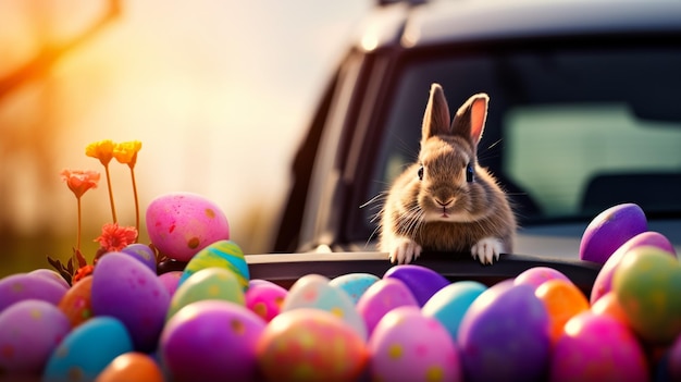 adorável coelho de Páscoa sentado em ovos coloridos
