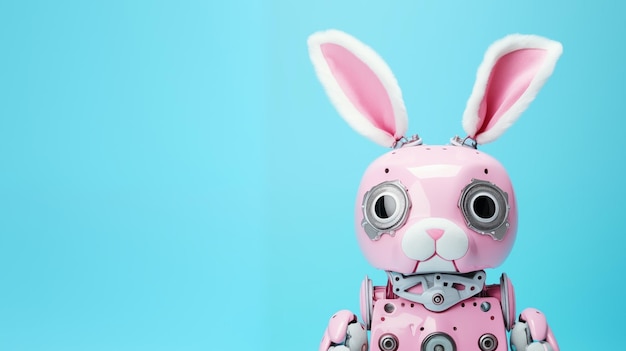 Adorável coelho robótico rosa com olhos grandes em fundo azul vibrante