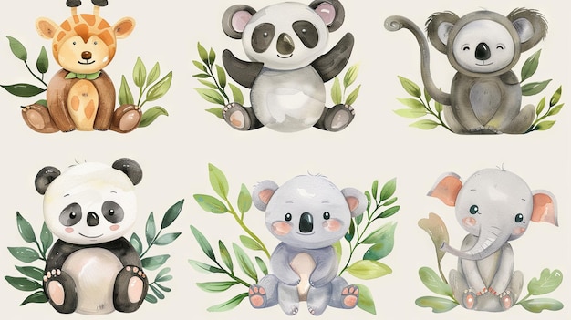 Adorável coleção de aquarelas de bebês animais com acentos de folhagem