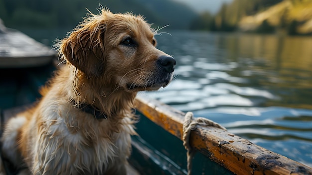 Adorável companheiro de Labrador Retriever em férias à beira do lago IA generativa