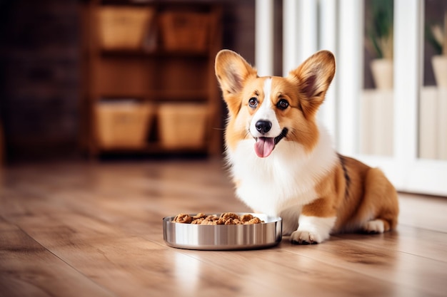 Adorável Corgi comendo em sua tigela