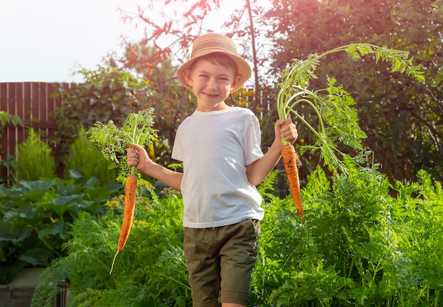 Adorável criança menino com chapéu de palha com cenouras no jardim doméstico. jardinagem e colheita infantil. conceito de vegetais orgânicos saudáveis para crianças. vegetarianismo infantil