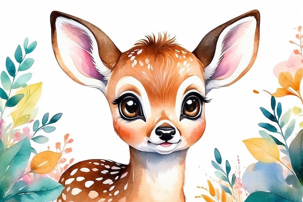 Adorável Cutie Baby Deer com Olhos Enormes em Kawaii Aquarela Estilo Generativa AI