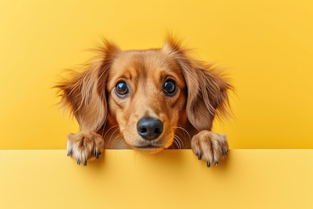 Adorável dachshund posando com cartaz em branco em fundo vibrante