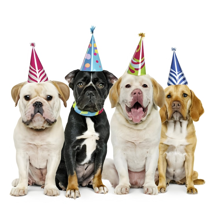 Adorável de aniversário animal de estimação de diferentes raças cão bonito isolado fundo branco