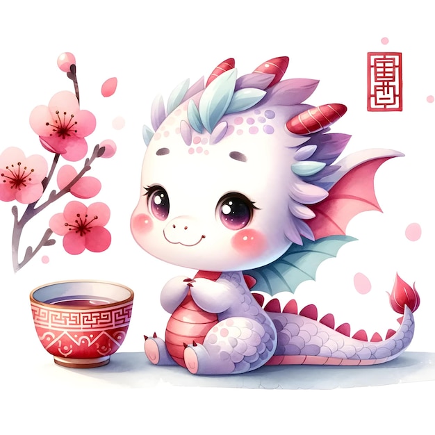 Adorável dragão com chá e flores de ameixa