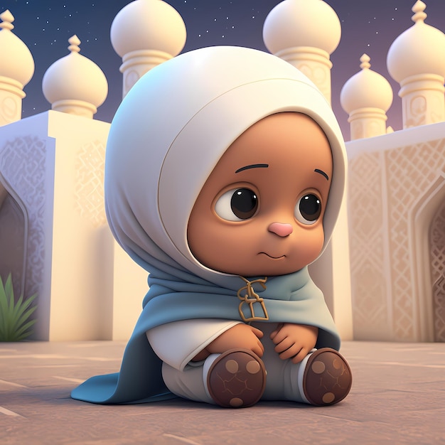 Adorável e bonito personagem de desenho animado de crianças muçulmanas renderização em 3D