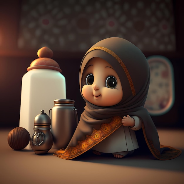 Foto adorável e bonito personagem de desenho animado de crianças muçulmanas renderização em 3d