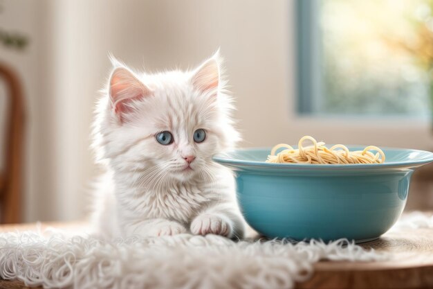 Adorável Encontro Gatinho de Angora Turco Se deleitando com um prato de espaguete