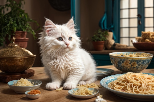 Adorável Encontro Gatinho de Angora Turco Se deleitando com um prato de espaguete