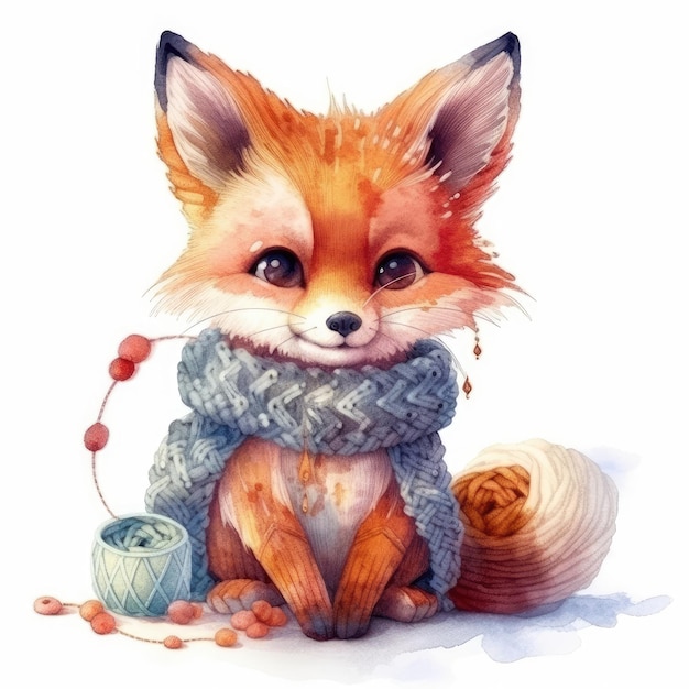 Adorável esboço em aquarela de uma raposa bebê tricotada Kawaii para ilustração de livro infantil