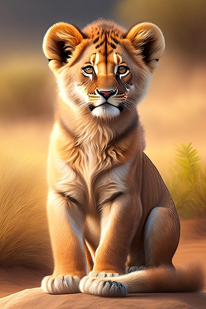 Adorável filhote de leão africano em uma savana Arte digital