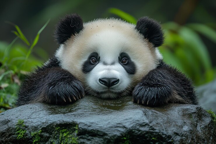 Foto adorável filhote de panda descansando em uma rocha