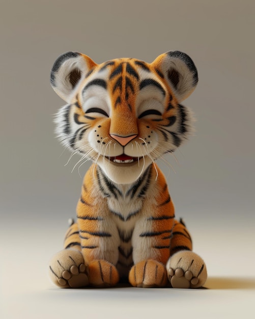 Adorável filhote de tigre de desenho animado com um grande sorriso sentado exibindo um feliz