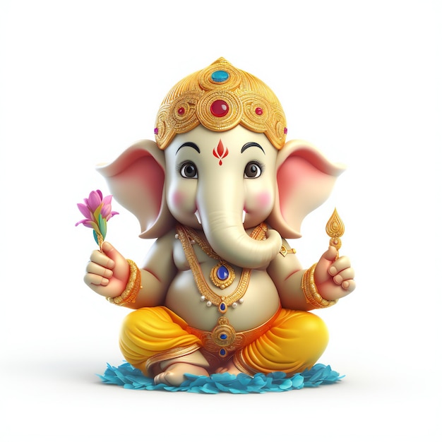 Adorável Ganesha 3D, uma ilustração fofa em branco