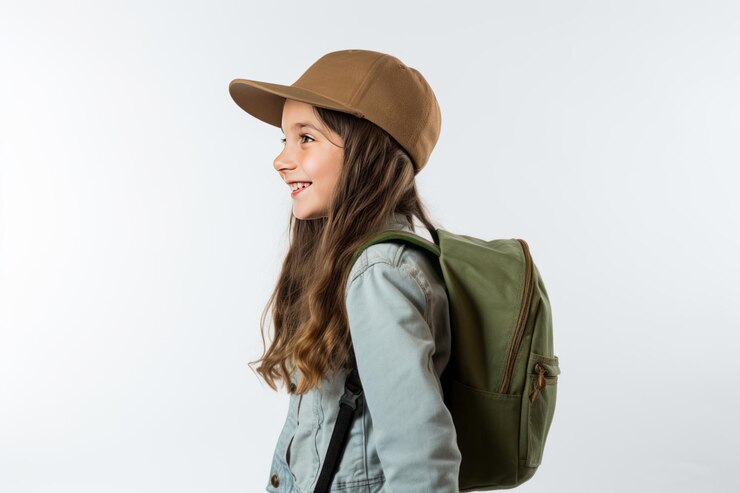 Foto adorável garota com chapéu verde e mochila capturada em charming side view ar 32