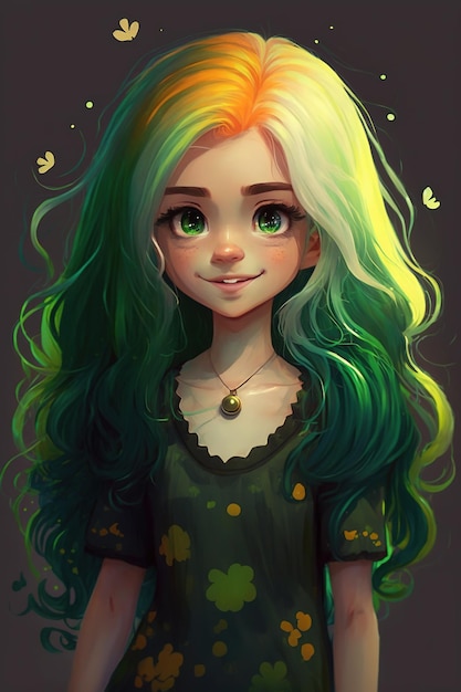 Adorável garota de desenho animado de cabelo verde com um sorriso encantador e olhos doces usando um vestido bonito