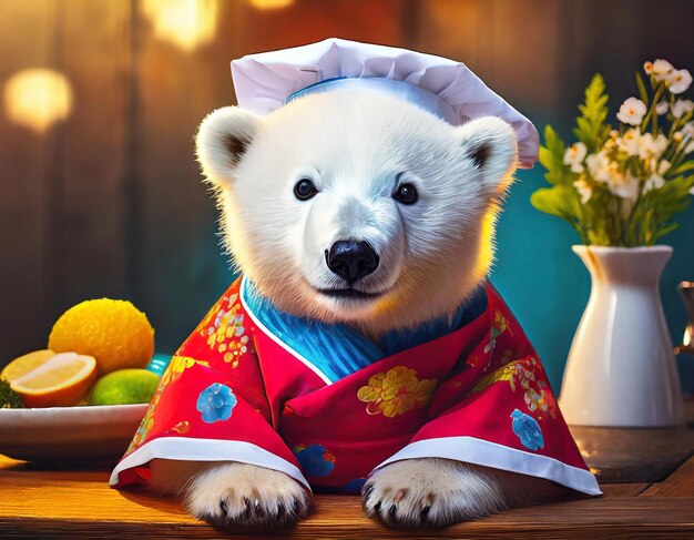 Foto adorável garota urso polar em roupa de chef japonês