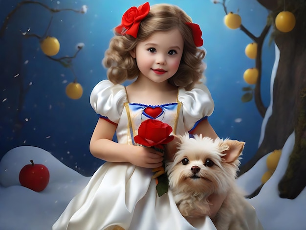 Adorável garotinha segurando um cachorro fofo com vestido de branca de neve