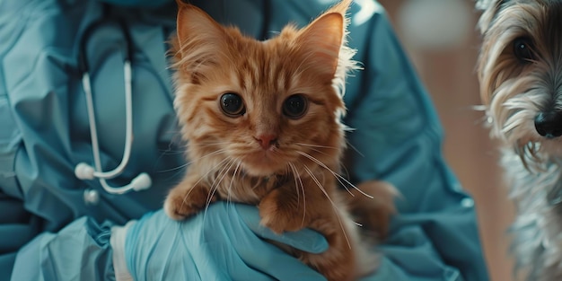 Adorável gatinho de gengibre segurado por uma pessoa de roupa azul conceito de cuidados veterinários retrato de gato encantador AI