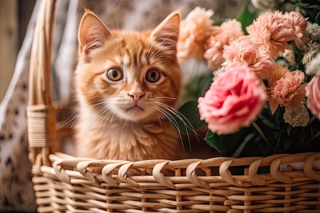 Adorável gatinho em uma cesta com flores